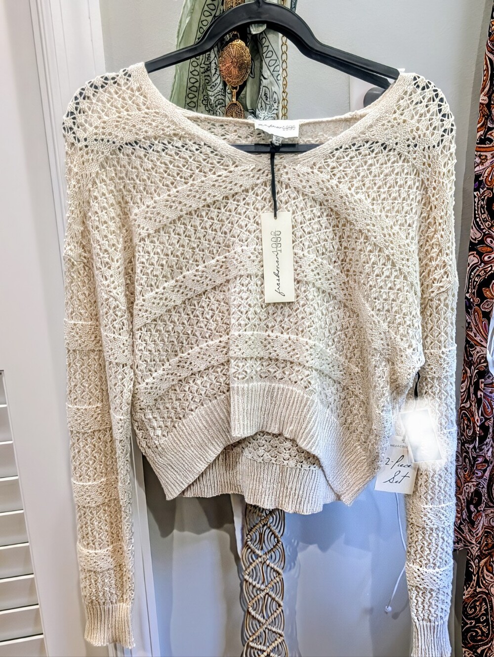 NWT! Frshmn 1996 Lush Open-Knit V Neck Crop Sweater in Cream With Maxi Skirt Set